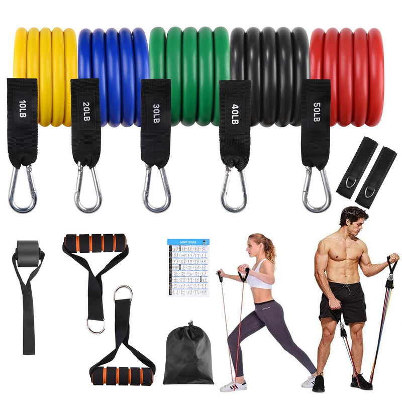 FITFIT Resistance Bands Set, 5 Stackable Tube Exercise Bands with 2 Handles, 1 Door Anchor, 2 Ankle Straps, 1 Carrying Bag for Your Whole Body Resistance Workouts Training